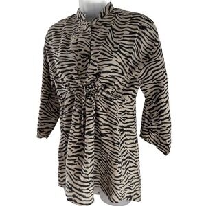 120% Lino Shirt Womens Medium Beige Black Zebra Print Linen Tunic Blouse Italy
